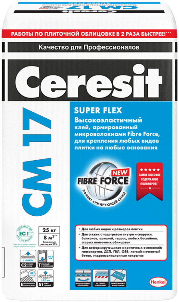 Клей для плитки высокоэластичный армированный Ceresit CM 17 Super Flex 25 кг