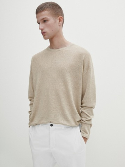 Massimo Dutti Льняной свитер с круглым вырезом, каменный