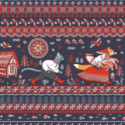 Кот, петух и лиса из сказки в стиле мезенской росписи