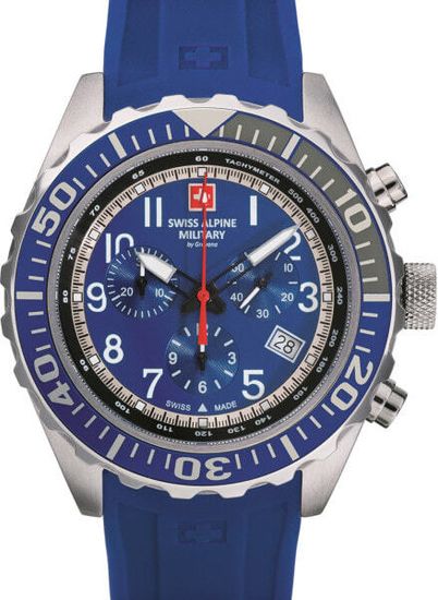 С ремешком Мужские наручные часы с синим силиконовым ремешком Swiss Alpine Military 7076.9835 chrono 44mm 10ATM