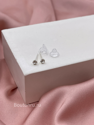 Серьги гвоздики серебристые  со стразом