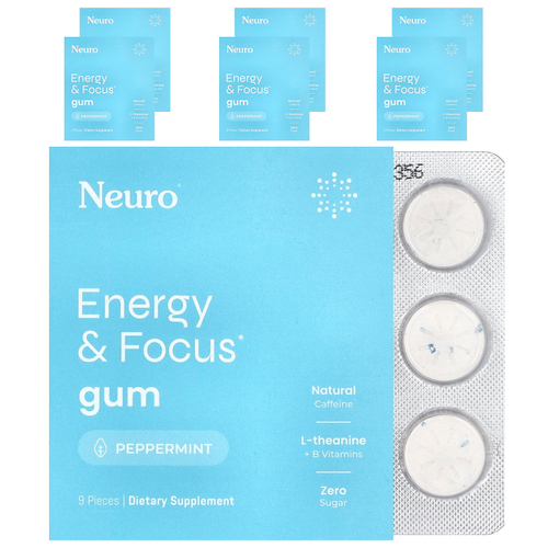 NeuroGum, жевательная резинка для энергии и концентрации, со вкусом перечной мяты, 6 пакетиков по 9 шт.
