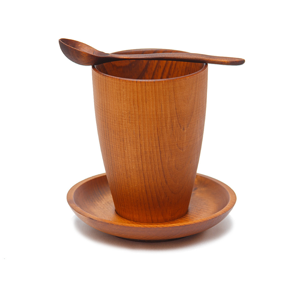 Деревянный набор - чайная пара и ложка из древесины кедра. NC1