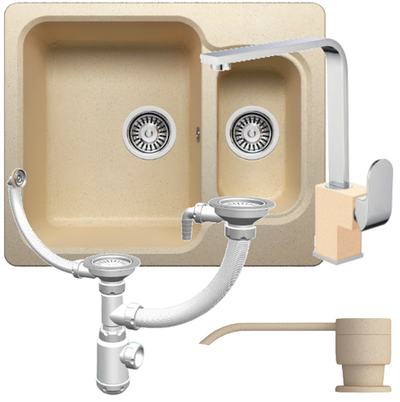 Мойка POLYGRAN F-09 бежевый №27, смеситель КВАДРО бежевый