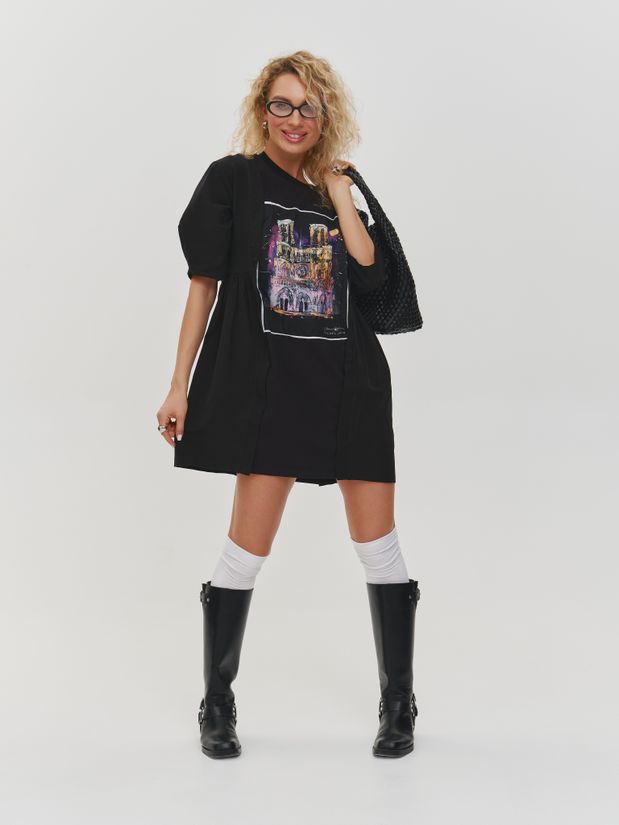 Платье футболка с принтом ПАРИЖ, черное
