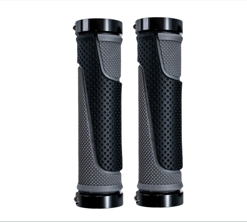 Грипсы TRIX, резиновые, 130мм, 2-х компонентные, алюминиевые фиксаторы на руль черные - 4шт., с заглушками руля, серо-черные(100)