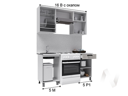 Кухня Грейс 1.6м с окапом (корпус белый/дуб канадский; карбон вулкан)