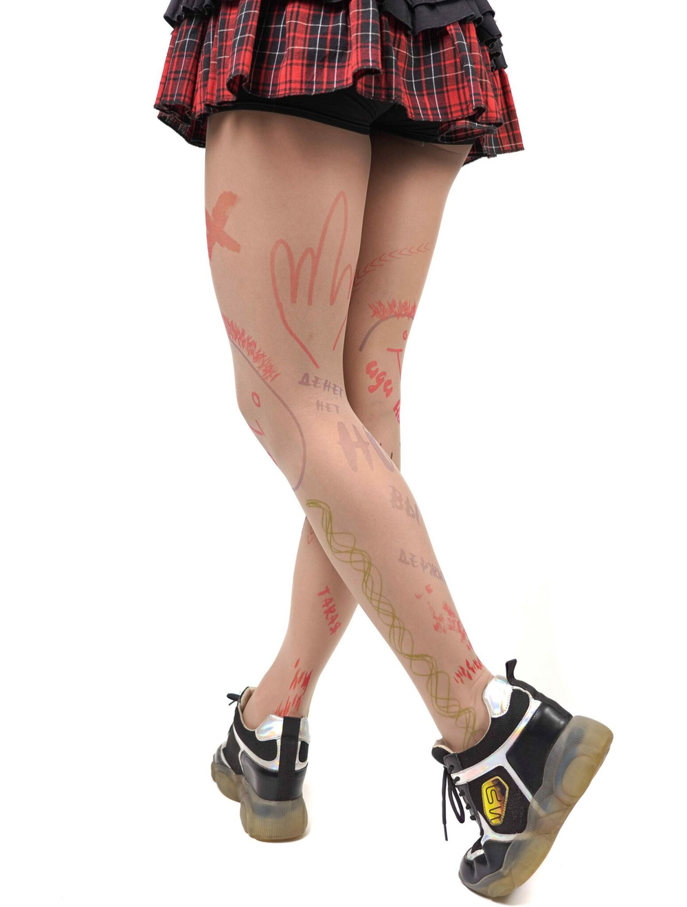 Молодежные колготки с цветными надписями и зарисовками (Размер: S-M-L) (Цвет: бежевый)
