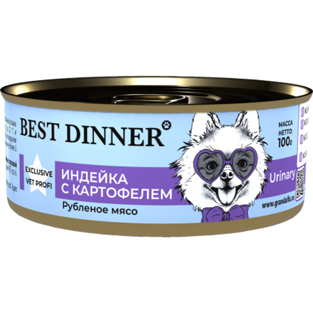 BEST DINNER Vet Profi Консервы для собак, профилактика МКБ, с индейкой и картофелем 0,1 кг