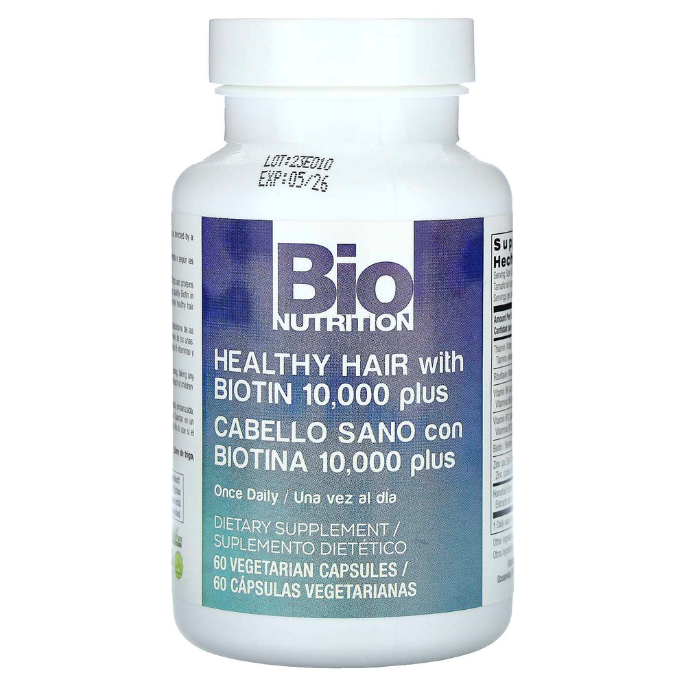 Bio Nutrition, Добавка для здоровья волос с биотином 10 000, 60 вегетарианских капсул