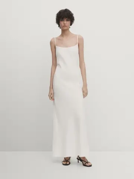 Massimo Dutti Длинное льняное платье на бретельках - Studio, белый