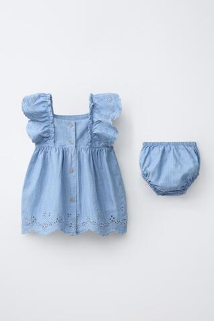 ZARA ДЖИНСОВОЕ ПЛАТЬЕ И ТРУСИКИ С ВЫШИВКОЙ, ВЫЦВЕТШИЙ СИНИЙ