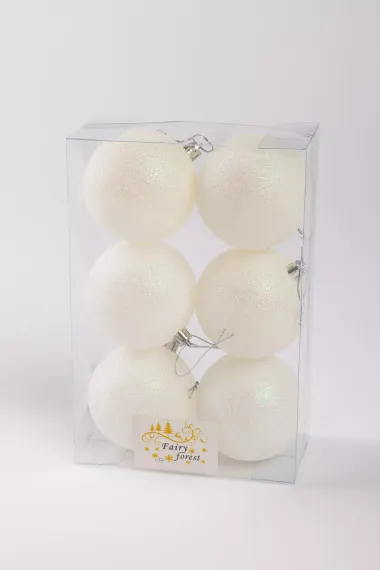 Набор пластиковых шаров Анет 80 мм., белый глиттер, 6 шт., ЕлкиТорг (150342)