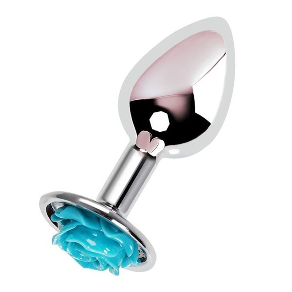 Серебристая анальная втулка с голубой розочкой 8см ToyFa Metal 717009-14