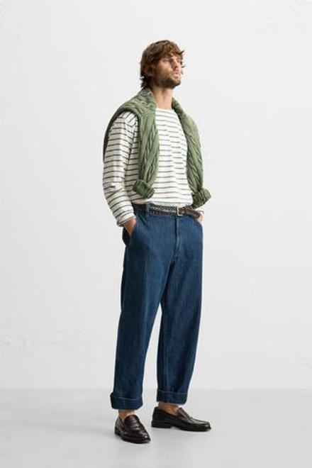ZARA ЖАККАРДОВАЯ ФУТБОЛКА В ПОЛОСКУ, ЭКРЮ/СИНИЙ