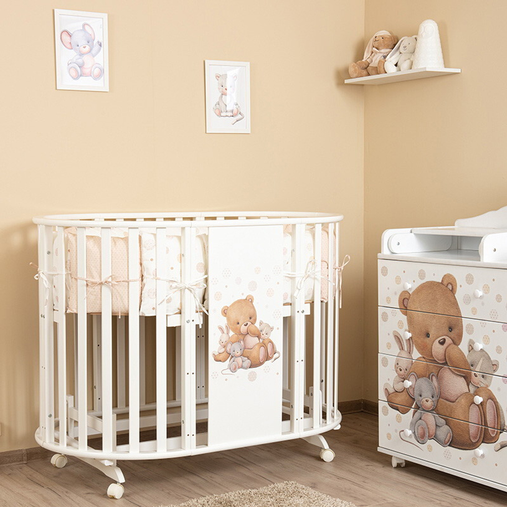 Кроватка-трансформер овальная Vikalex Мишкина Компания с маятником белый