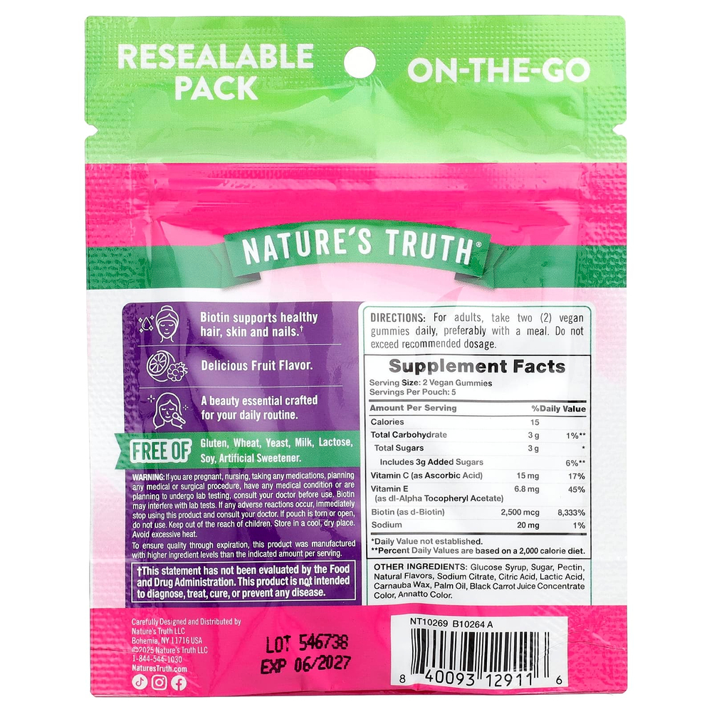 Nature's Truth, для здоровья волос, кожи и ногтей, вкусные фрукты, 10 жевательных таблеток