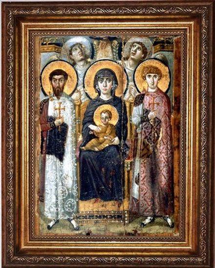 Синайская икона Божьей Матери со Святыми Георгием и Феодором. Копия старинной иконы на холсте.