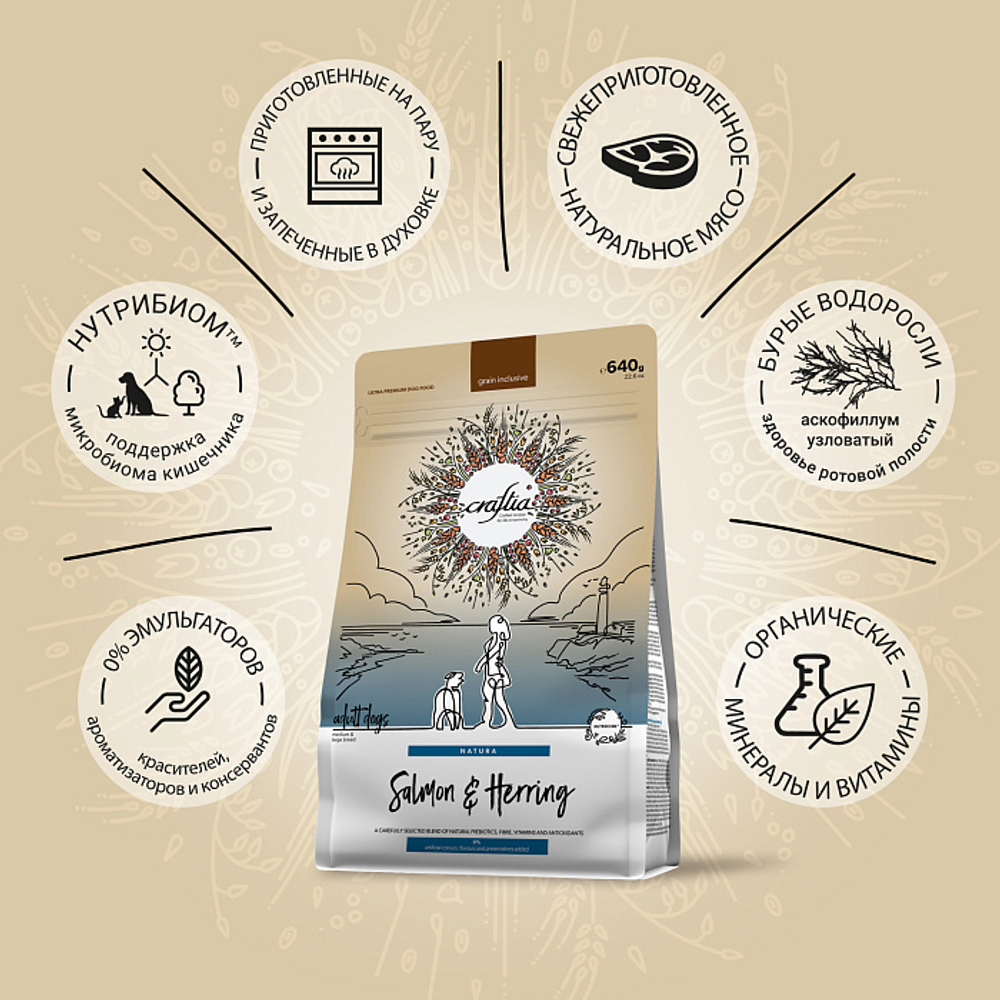 Сухой корм CRAFTIA NATURA для взрослых собак средних и крупных пород из лосося и сельди 640 г