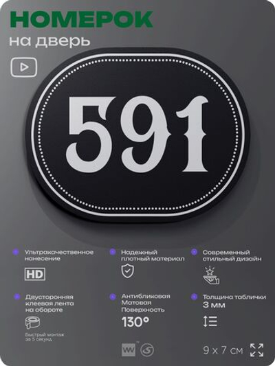 Номерок на дверь квартиры 591, для кабинета, офиса, шильдик 9 х 7 см, черный, Айдентика Технолоджи