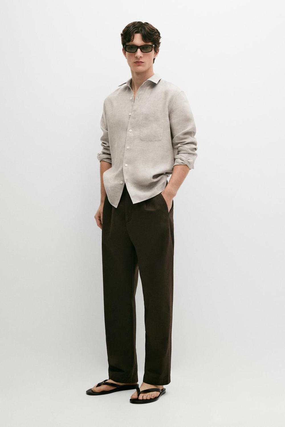 Massimo Dutti Прямые брюки из льна и хлопка с вытачками, коричневый