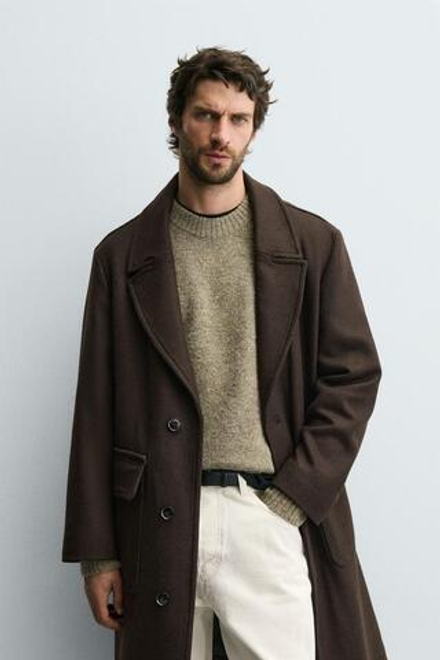 ZARA ПАЛЬТО RELAXED FIT ИЗ СМЕСОВОЙ ШЕРСТИ, КОРИЧНЕВЫЙ