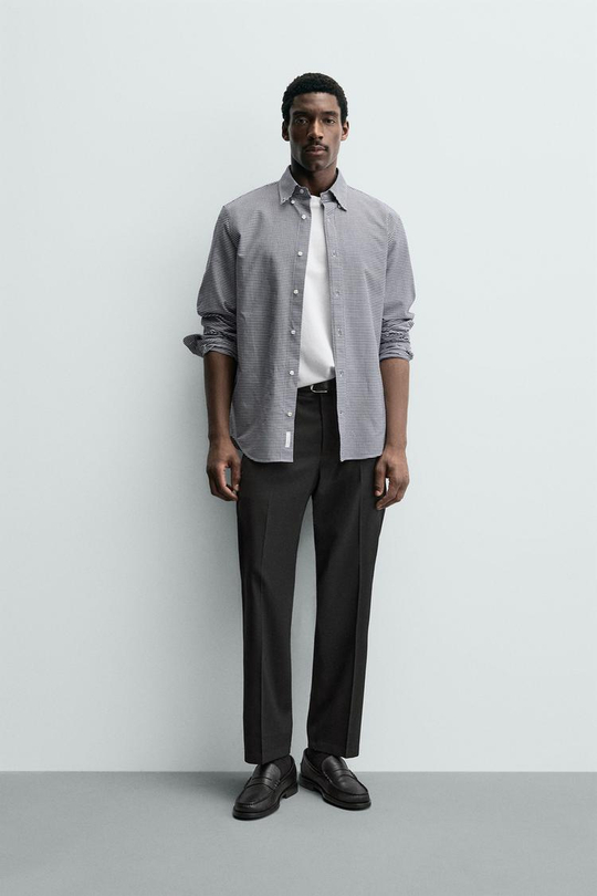 ZARA БРЮКИ REGULAR FIT ИЗ СМЕСОВОЙ ШЕРСТИ NON IRON, ЧЕРНЫЙ