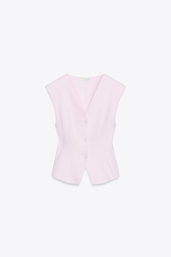 ZARA ТОП ИЗ ИНТЕРЛОКА БЕЗ РУКАВОВ, РОЗОВЫЙ