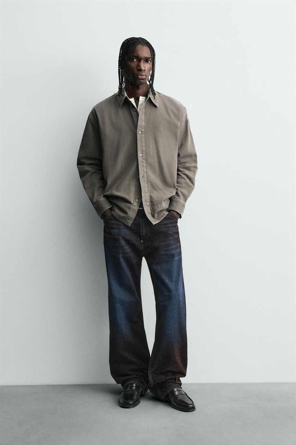 ZARА ДЖИНСОВАЯ РУБАШКА С ЭФФЕКТОМ ПОТЕРТОСТИ, СЕРО-КОРИЧНЕВЫЙ