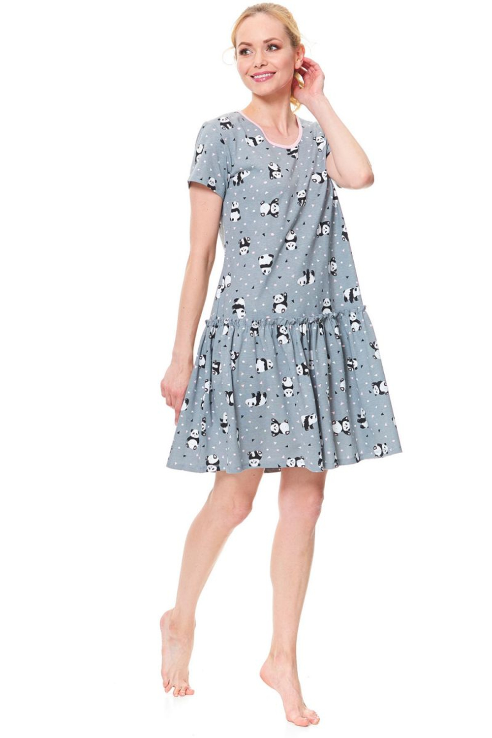 Хлопковая сорочка с узором в виде панд (Размер: L) (Цвет: серый)