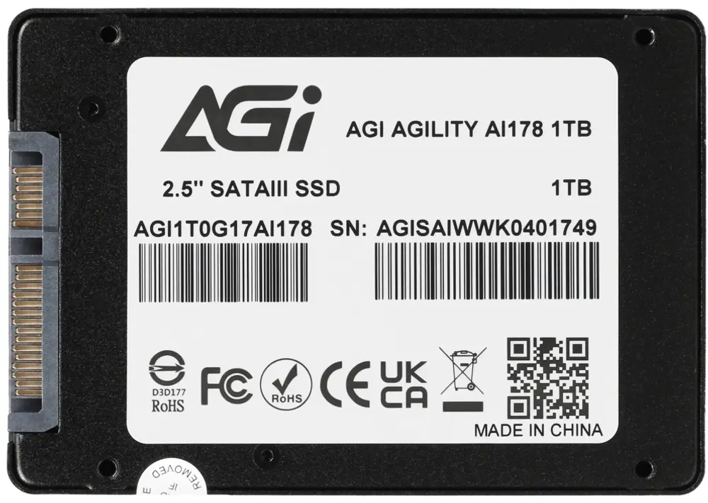 Твердотельный накопитель AGI, AI178, 1000Gb, R535Mb/s, W465Mb/s, TLC, 7mm, SATA, AGI1T0G17AI178-CB, Retail