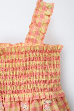 ZARA ПЛАТЬЕ В КЛЕТКУ ВИШИ С ЦВЕТОЧНЫМ УЗОРОМ, ОРАНЖЕВЫЙ/ЖЕЛТЫЙ