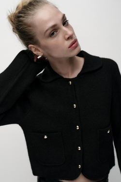 ZARA ОДНОТОННЫЙ КАРДИГАН С ВОРОТНИКОМ ПОЛО, ЧЕРНЫЙ