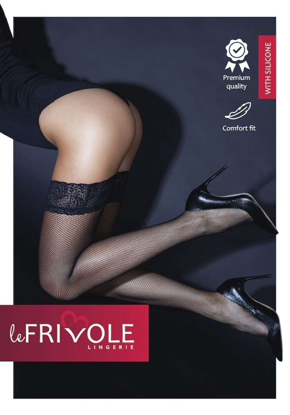 Чулки Le Frivole в мелкую сетку с кружевной резинкой на силиконе черные S/M