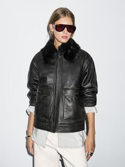 Massimo Dutti Куртка из кожи наппа с воротником из овчины, черный