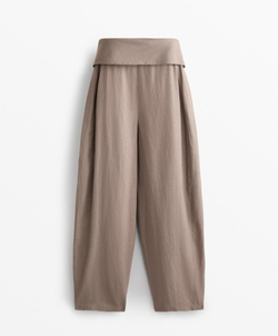Oysho Брюки с отворотом на талии из 100% льна, бежевый