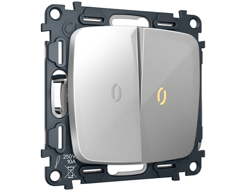 MO404030 Комплект механизма 2-кл проходного выключателя с подсветкой 3200K OMEGA Серебро глянец QUANT (OP4040, VM120, G22Y)