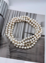 Нить натурального речного жемчуга 9 мм на двойном узле, золотой замок из цирконов, длина 1,6 м