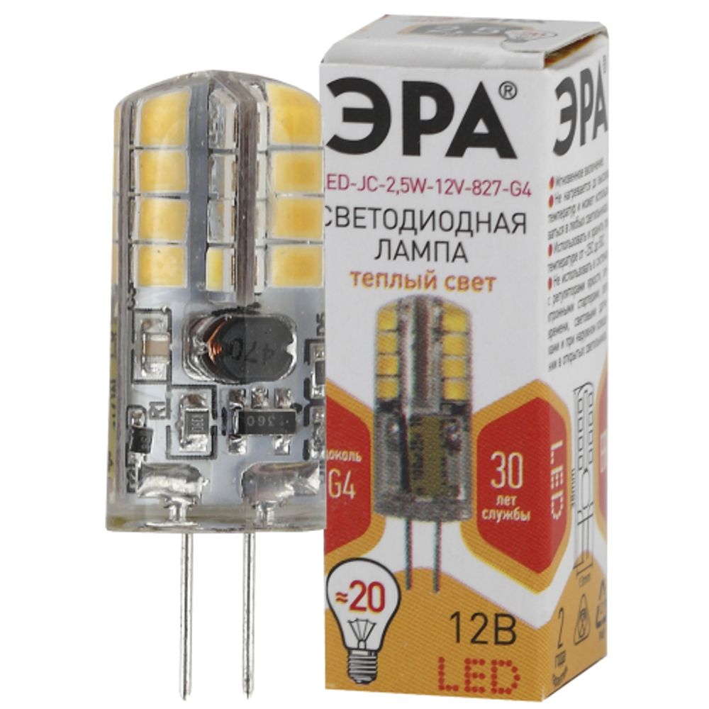 Лампа светодиодная ЭРА STD LED JC-2,5W-12V-827-G4 2,5Вт капсула теплый белый свет G4 | Лампы cветодиодные Капсульные (G4, G9)