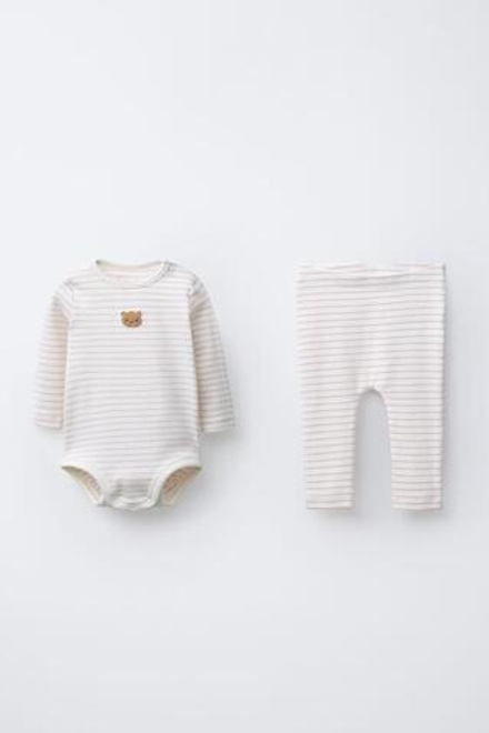 ZARA КОМПЛЕКТ ИЗ БОДИ И ЛЕГИНСОВ С МИШКОЙ И ПОЛОСКАМИ, СЕРО-КОРИЧНЕВЫЙ