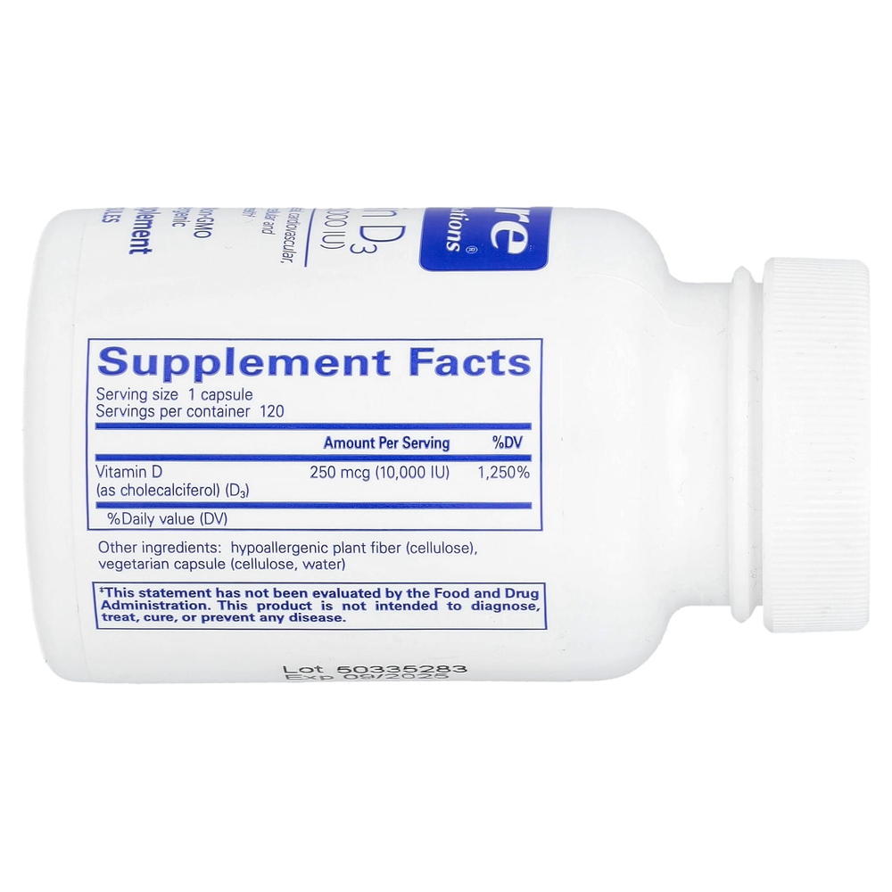 Pure Encapsulations, Витамин D3, 250 мкг (10 000 МЕ), 120 капсул