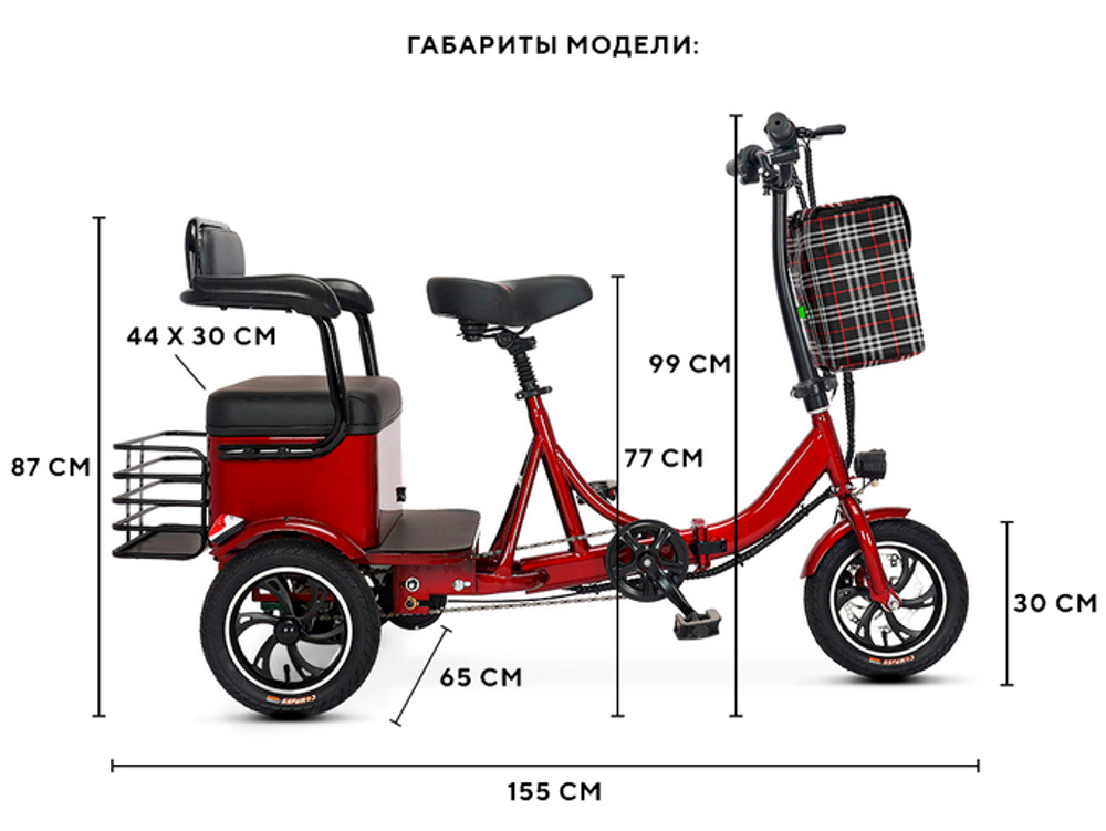 Трехколесный двухместный электровелосипед TRION Delta, Красный