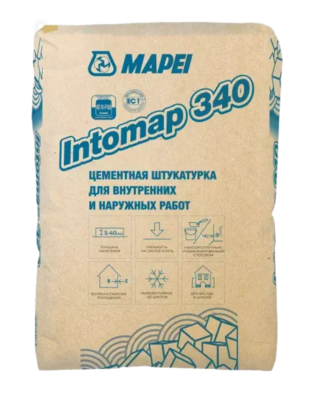 INTOMAP 340, TM MAPEI, 25кг, Россия, Смесь сухая штукатурная тяжёлая для внутренних и наружных работ класс КП IV F 150 для механизированного и ручного нанесения