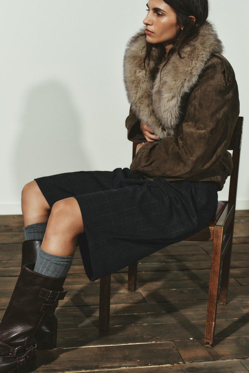 ZARA КУРТКА 100% ЗАМША С МЕХОМ, ХАКИ