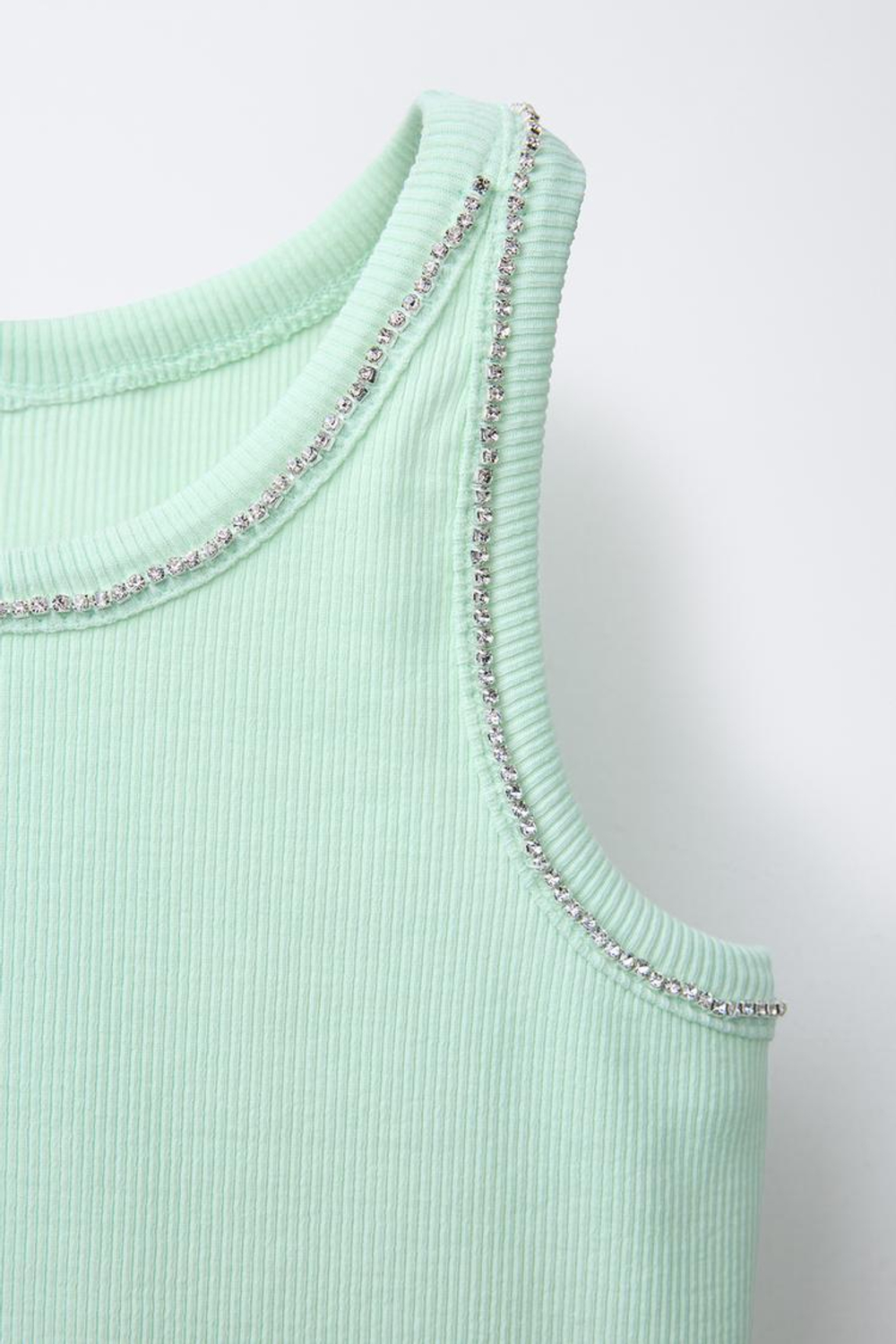 ZARA ТОП В РУБЧИК СО СТРАЗАМИ, ЗЕЛЕНЫЙ