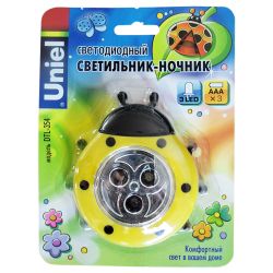 DTL-354 Божья Коровка-Yellow-3LED-3AAA Cветильник-ночник Божья Коровка.питание от 3-х батареек AAA в комплект не входят. Цвет -желтый. Упаковка блистер