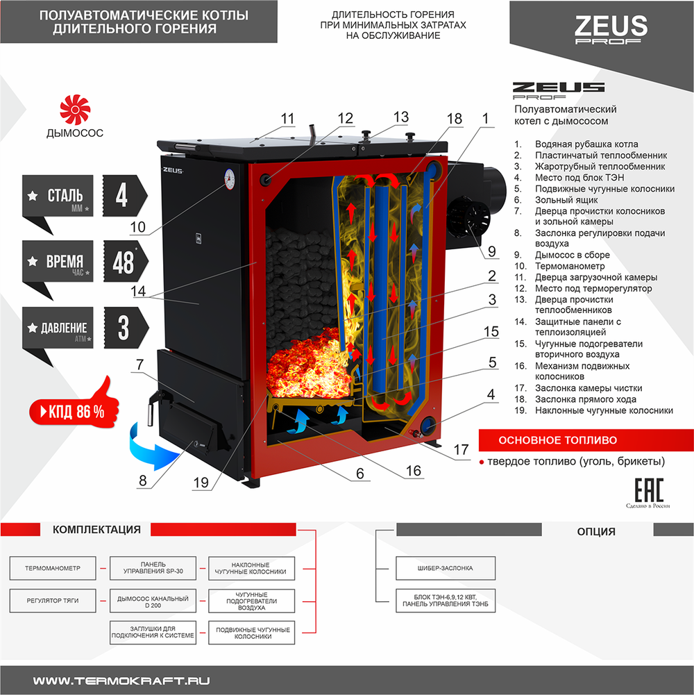 Котел полуавтоматический нижнего горения ZEUS (Зевс) 80 кВт с дымососом