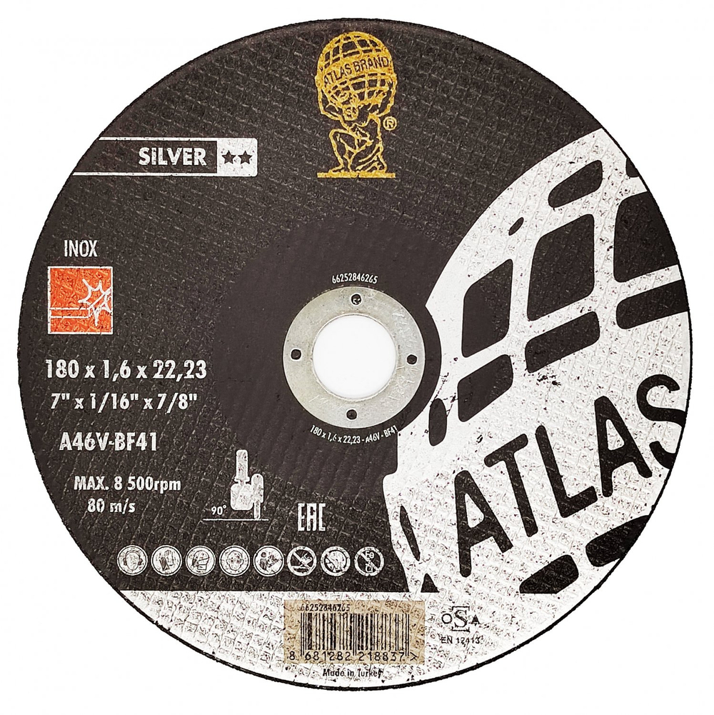 Диск отрезной по нержавеющей стали Atlas Inox A46V - T41 (180x1.6x22.23)