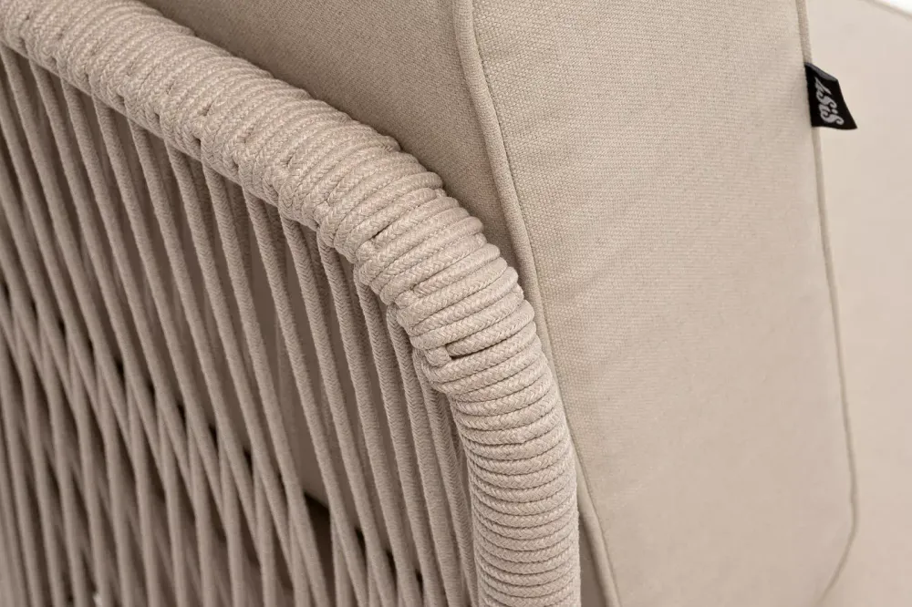 "Канны" угловой модуль плетеный из роупа, каркас алюминий белый муар, роуп бежевый круглый, ткань бежевая 15052