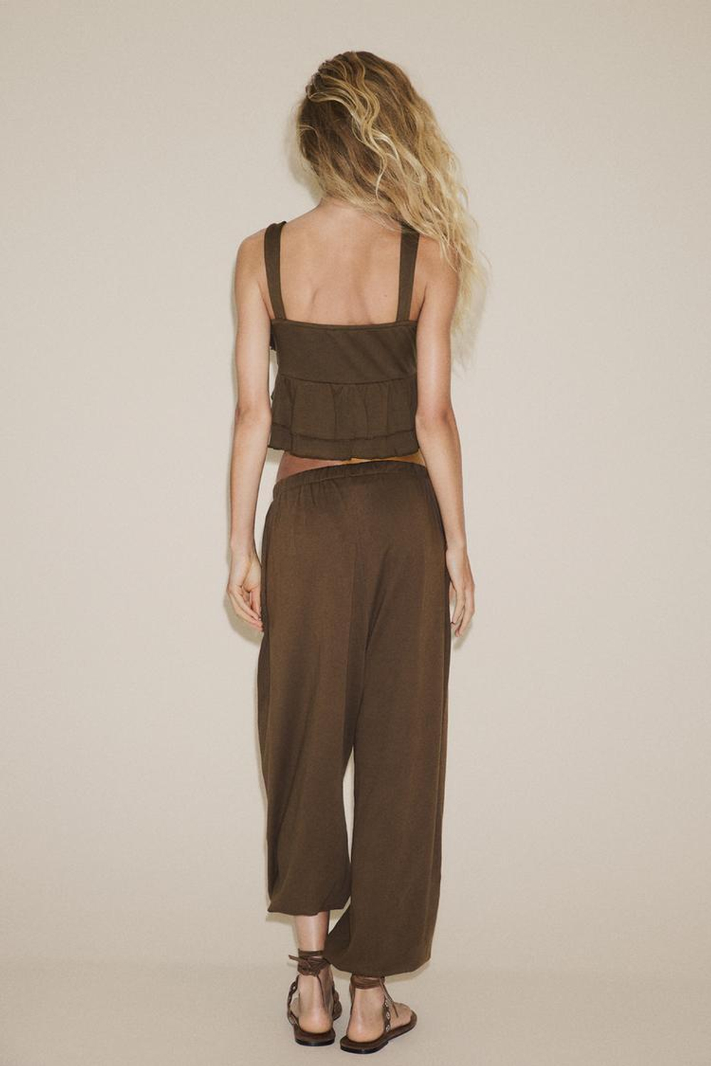 ZARA ТОП С ВОЛАНАМИ И БАНТОМ, КОРИЧНЕВЫЙ